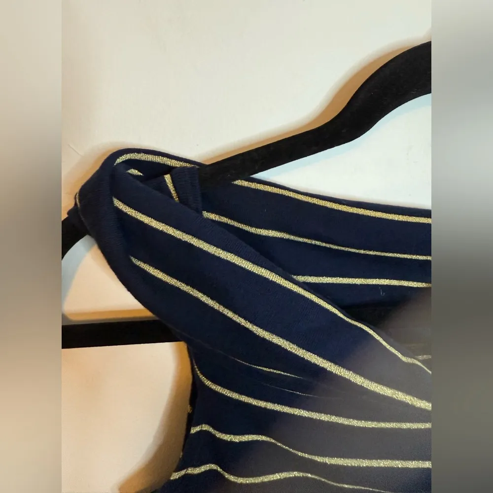 Lauren Ralph Lauren Navy Blue and Gold Metallic Striped Off Shoulder Tank Dress - Image 4