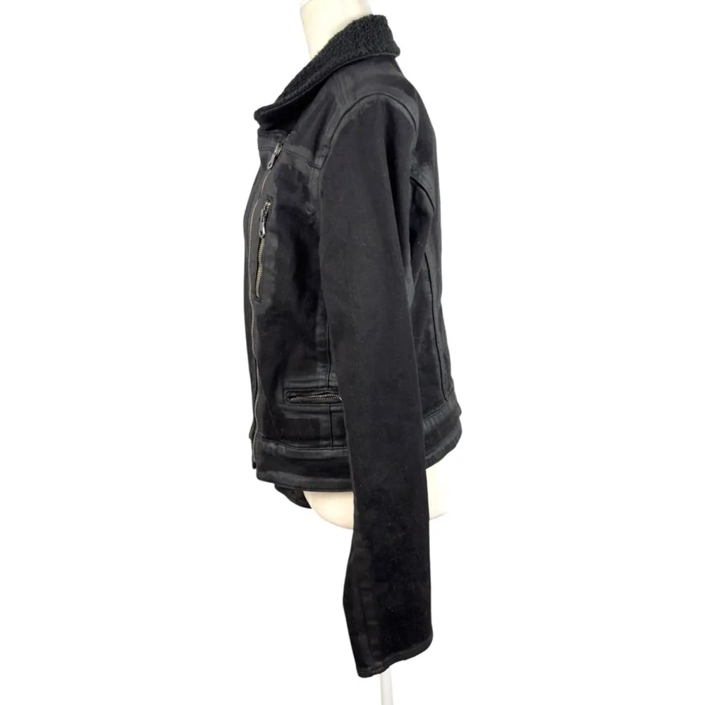 PAIGE Sydney Moto Jacket Night Flight Sherpa Coated Black Stretch Denim Large - Image 8