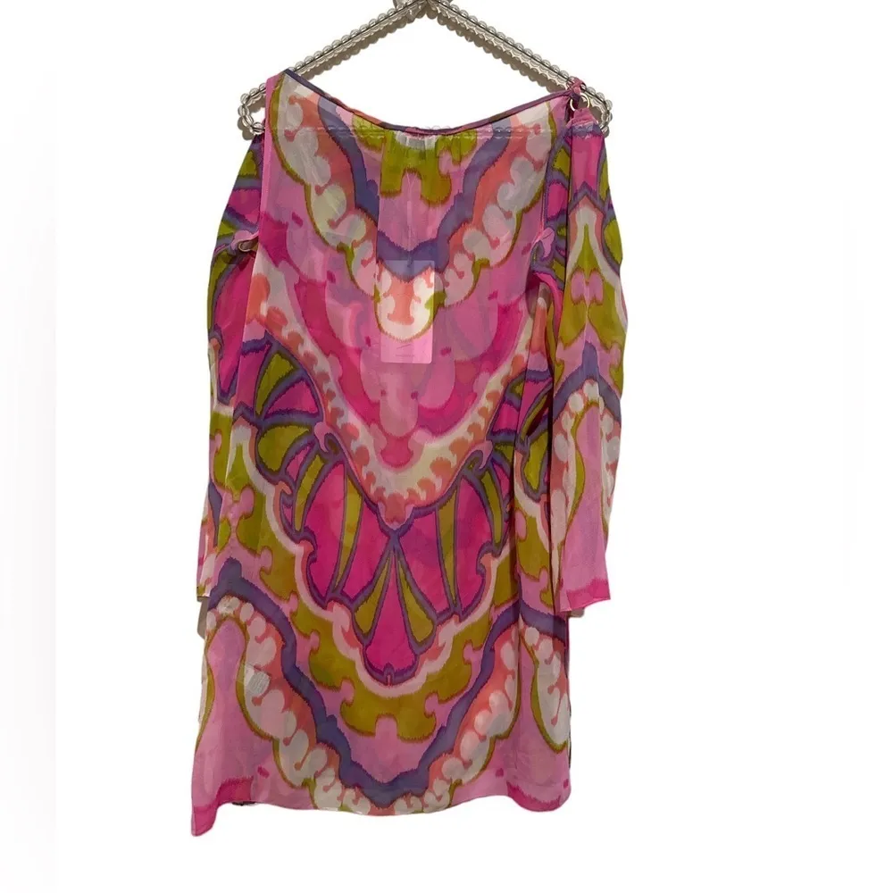 TIBI SILK COLD SHOULDER PINK GREEN PURPLE LONG SLEEVE SHEER CHIFFON TUNIC BLOUSE - Image 3
