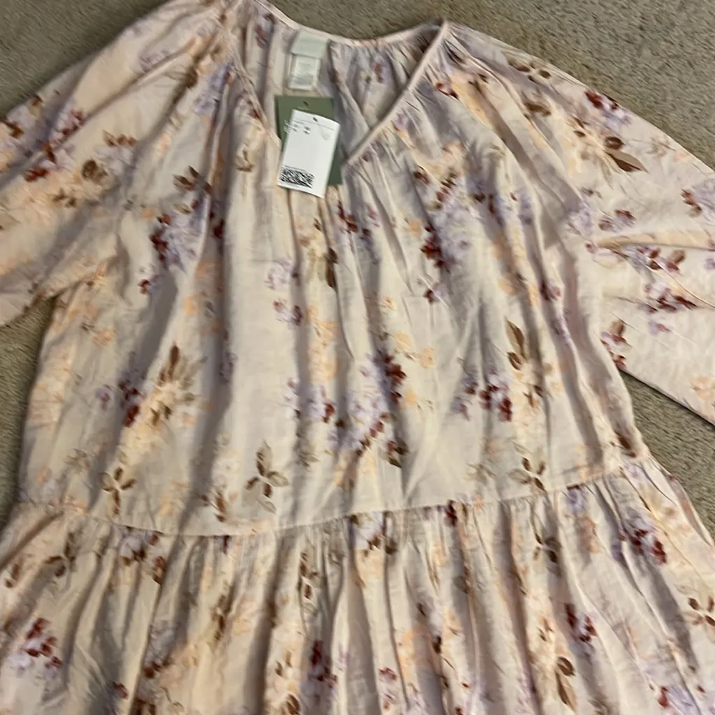 NWT H&M‎ lightweight flowy long-sleeve mini dress w/ v-neck/floral print size XS - Image 2