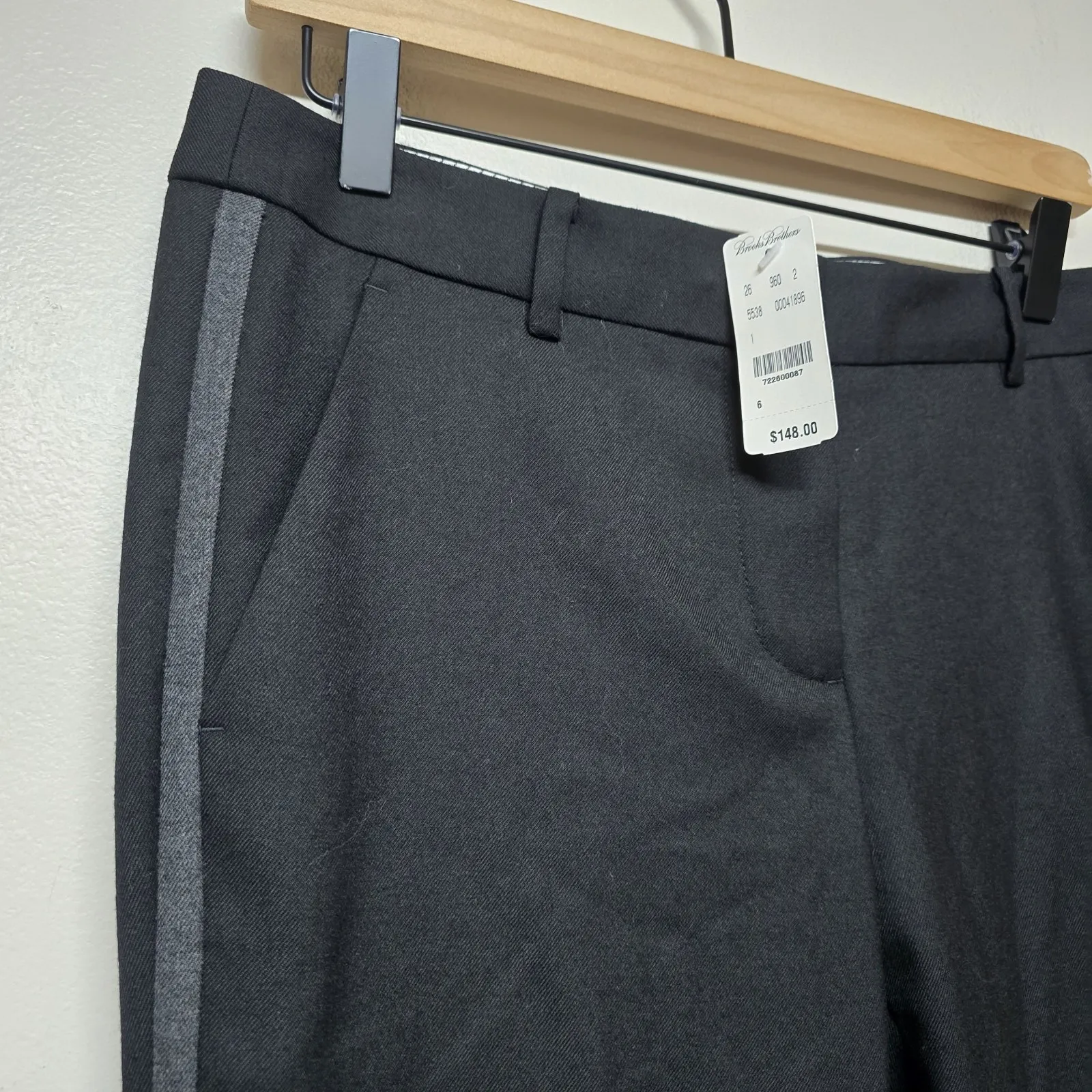 Brooks Brothers Red‎ Fleece Wool Blend Dress Pants Black Gray Tuxedo Stripe Sz 6 - Image 2