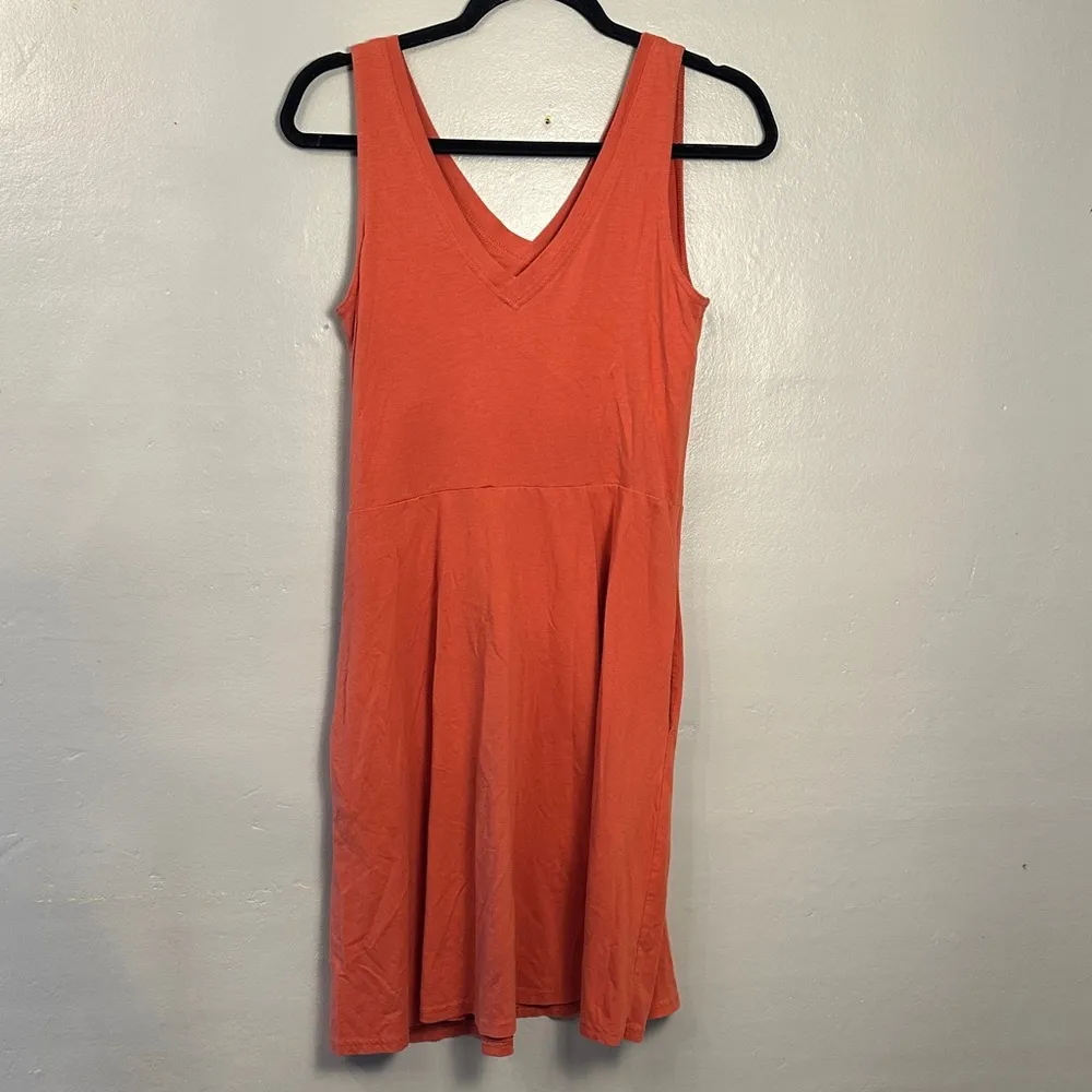 Pact V-neck Orange Sleeveless Fit Flare Dress Organic Cotton Pockets Women's M - Image 2