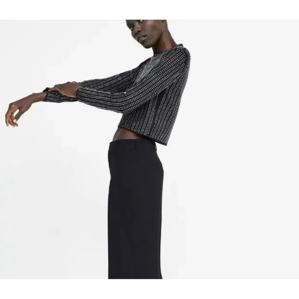 Zara Black Knit Shiny Gem Embellished Long Sleeve Crop Top Size S - Image 5