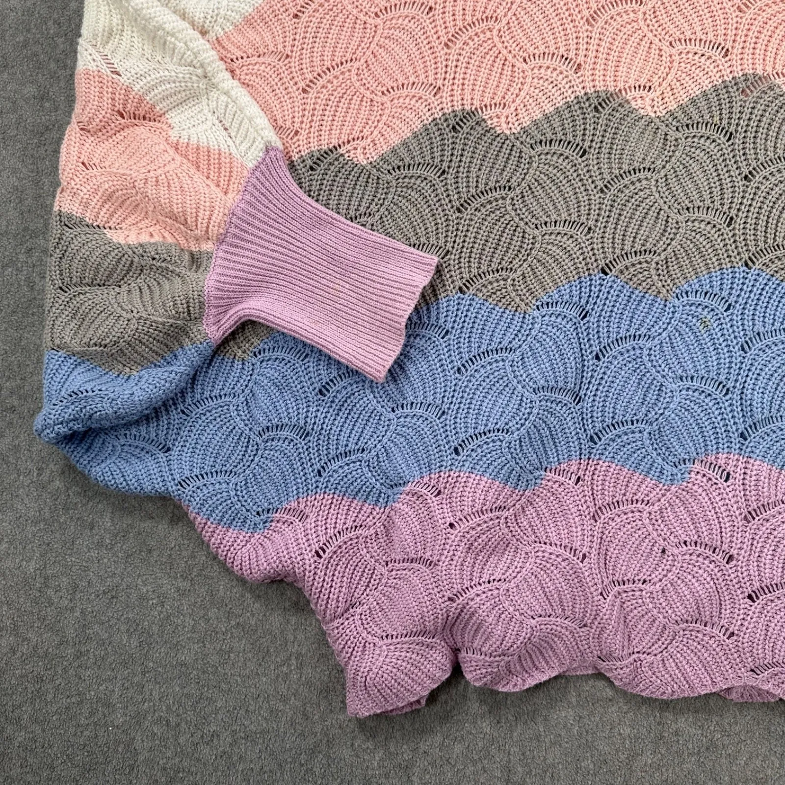 Chicsoul Scallop Edge Colorblock Open Knit Sweater Women's 1X Wide Neck Slouchy Blue - Image 2