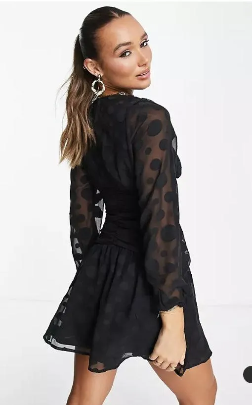 Black Long Sleeve Skater Dress with Black Dot Details - Image 2