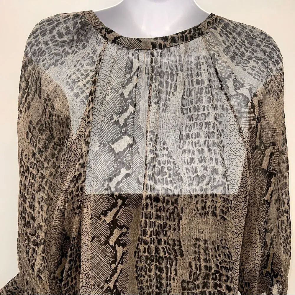 Banana Republic Women's Sheer Croc Print Blouse 3/4 Sleeve-Brown/Black Tone-Sz L - Image 6