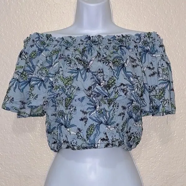 Tiare Hawaii Off Shoulder Floral Blue Smocked Crop Top O/S - Image 3
