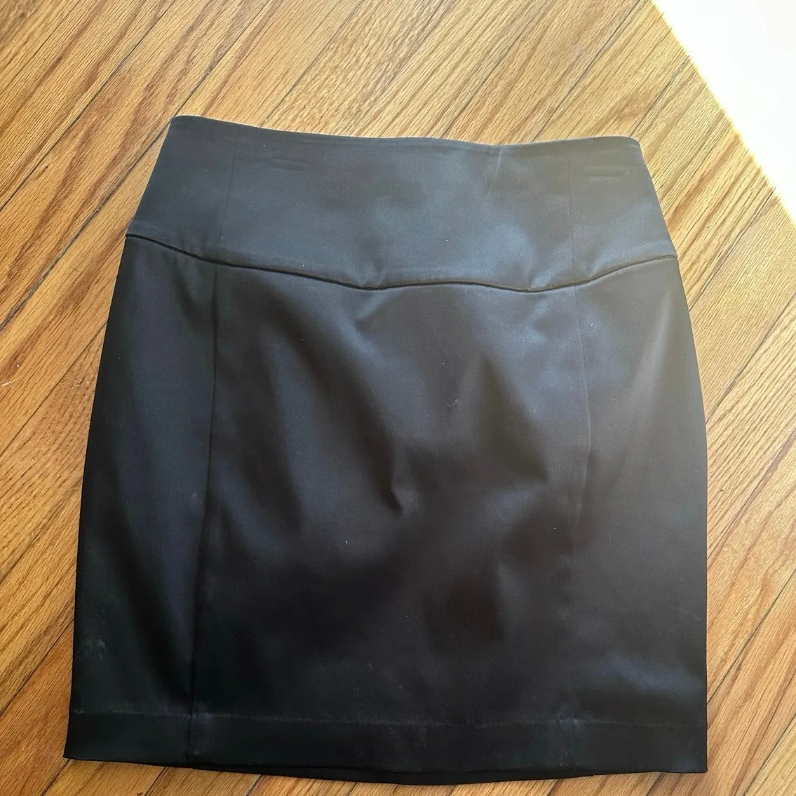 Express Design Studio Black Satin A-Line Mini Skirt | Exposed Front Zip - Image 3