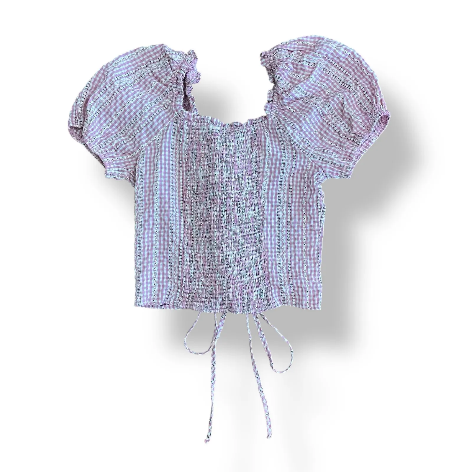 Milk & Honey Gingham Floral Tie Front Top Womens Size S Pink Brown‎ - Image 5