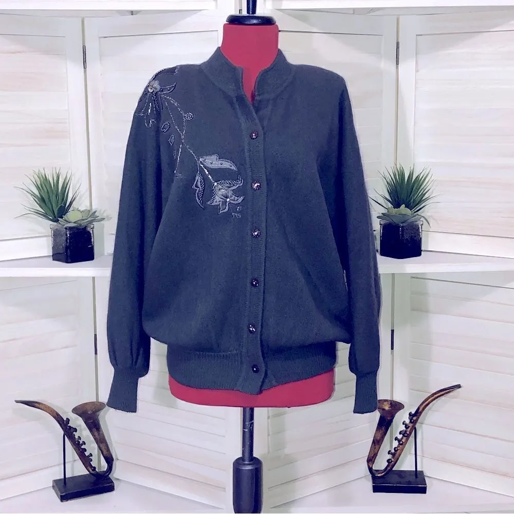 Vintage 80s 90s Gray Embroidered Knit Cardigan Floral Appliqué Medium - Image 2