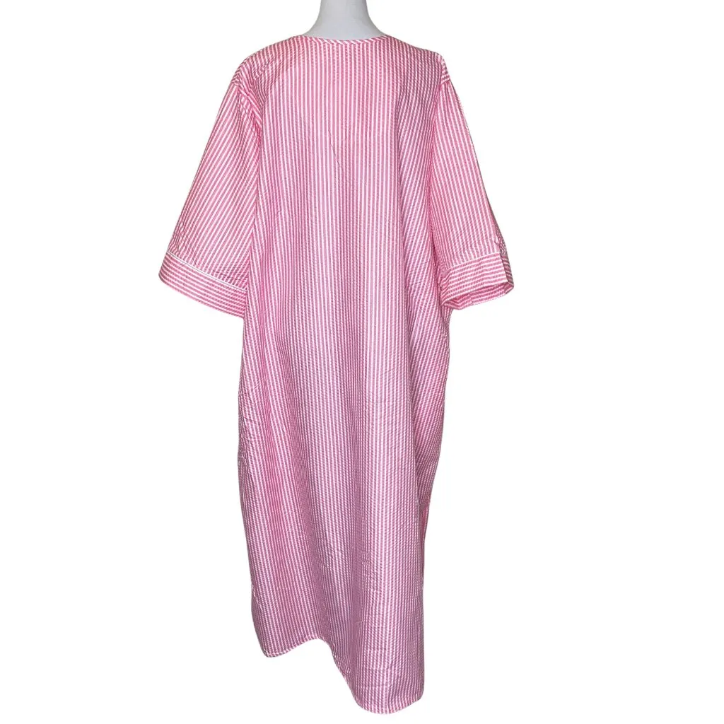 Casual Nights Plus Sz 3X Zip Front Seersucker Nightgown Pink White Striped Maxi - Image 5