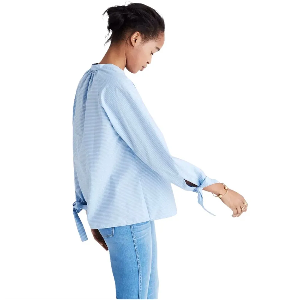 Madewell Light Blue & White Striped Tie-Sleeve Peasant Popover Blouse Top - Image 3