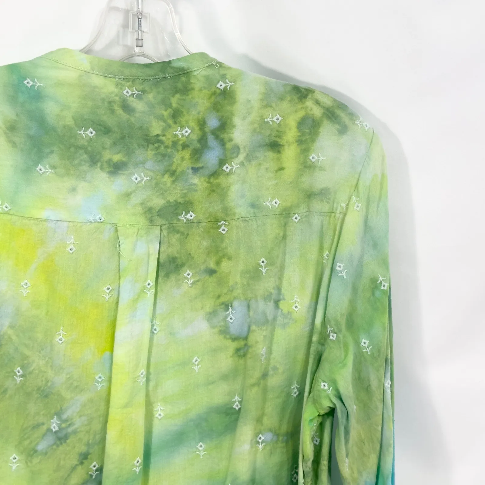 Old Navy Large Top Handmade Tie Dye Embroidered Long Sleeve V Neck‎ Green 1251 - Image 9