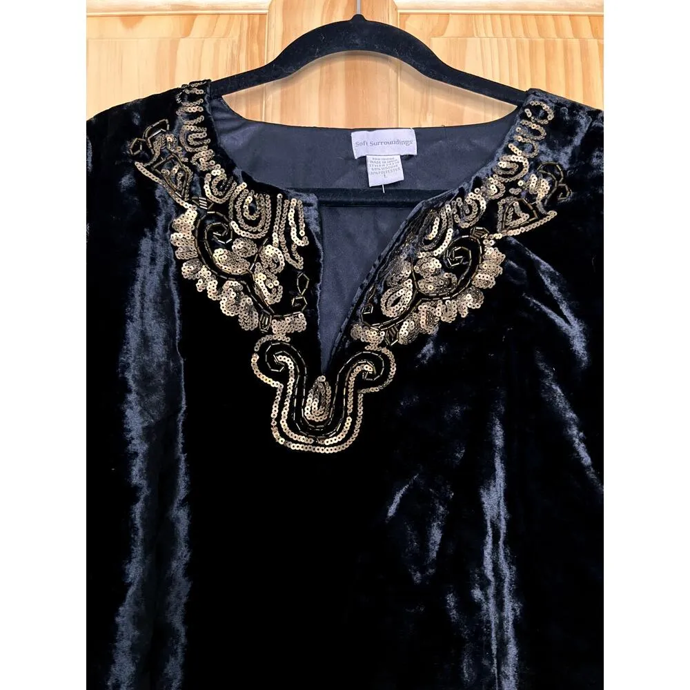 Soft Surroundings womens size large tunic/dress crushed black velvet gold sequin - Image 2