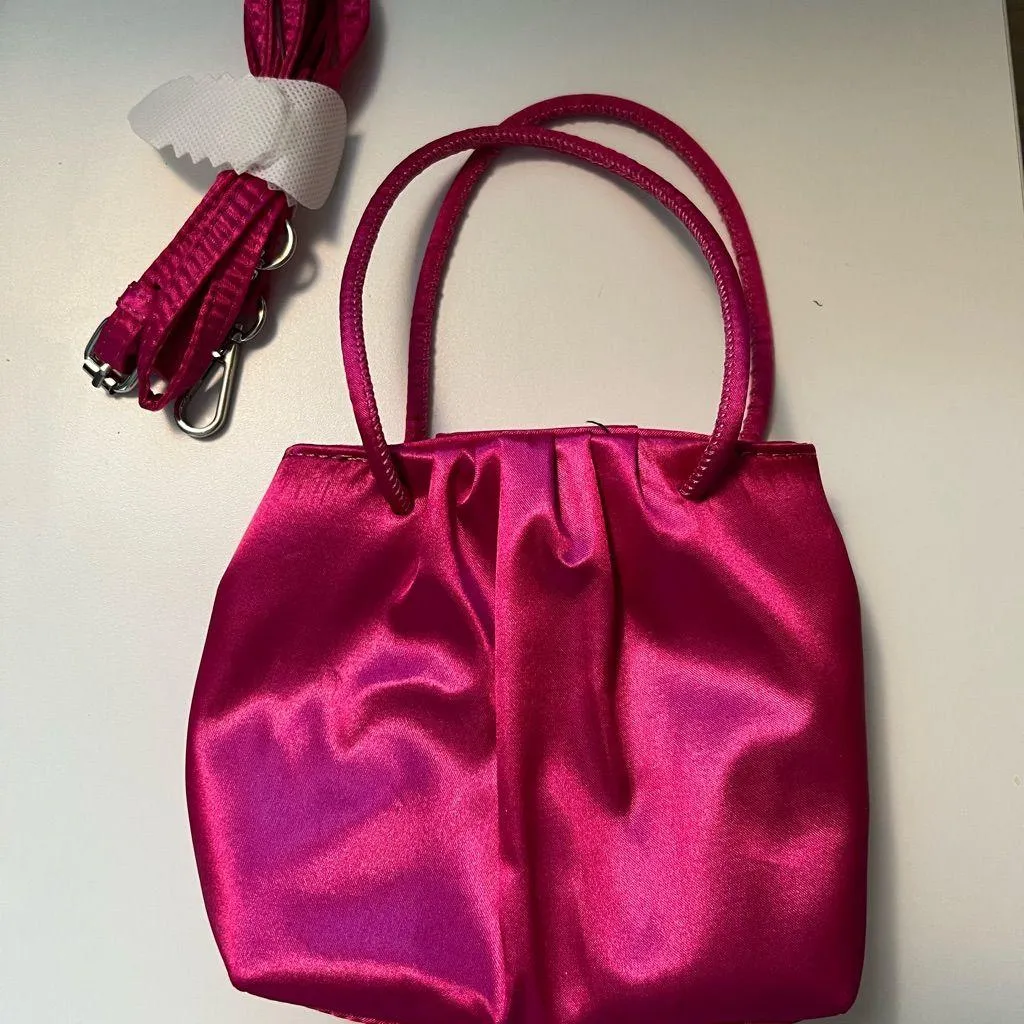 ASOS NWOT ruched satin clutch bag with detachable crossbody strap in bright pink - Image 7