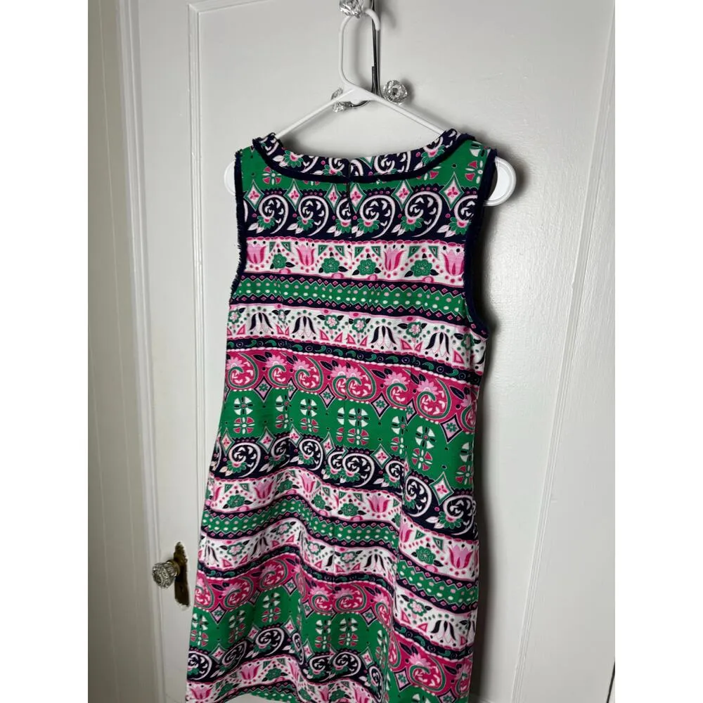 Talbots Dress Womens 10 Pink Green Sleeveless Shift Floral Fringe Classic Preppy - Image 5