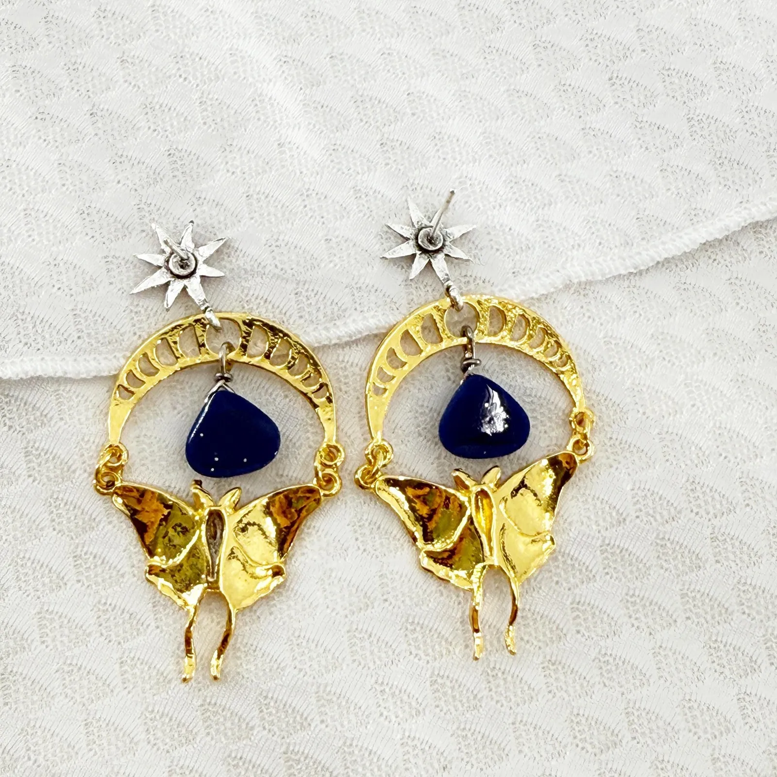 Luna Moth Earrings, Gold Moth Earrings, Stone Earrings, Moon Phase Earrings - Image 3