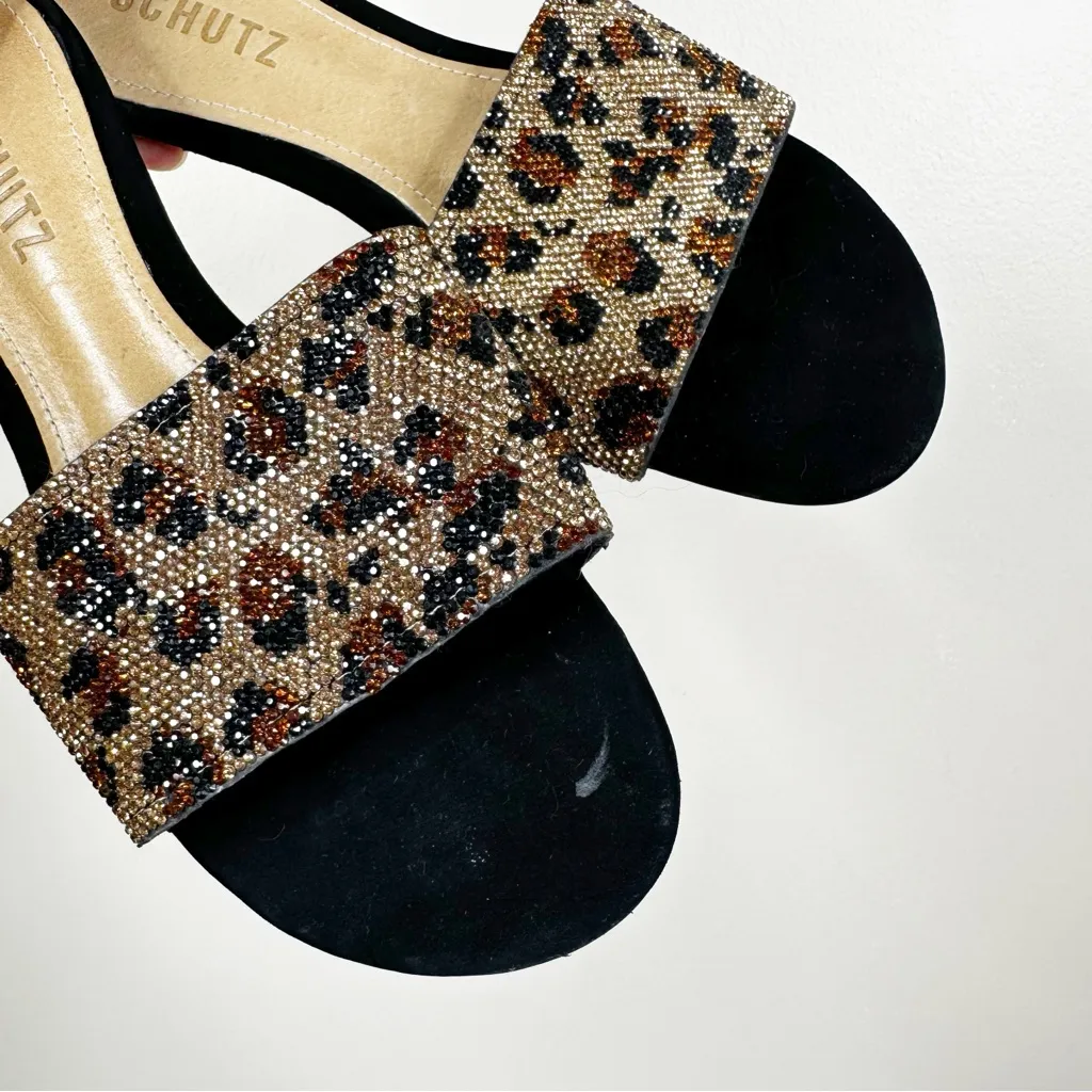 Schutz Dixie Leopard Rhinestone Sandals Womens 7 Open Toe Slide Flats - Image 2