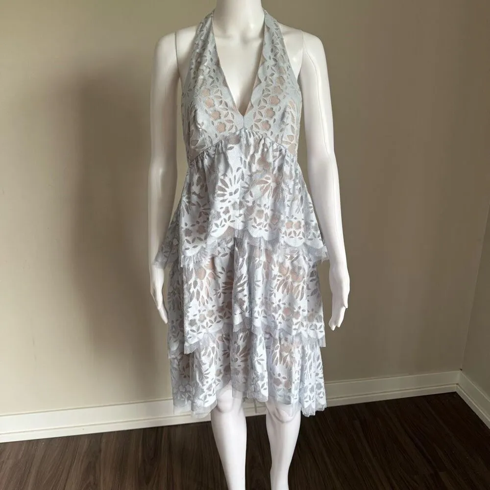 BCBGMAXAZRIA Blue Ruffle Lace Halter Dress - Image 3