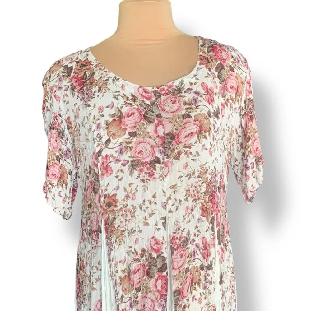 Vintage 90s Maxi Dress Pink Floral Cottagecore Short Sleeve Vneck Cream Pink Size M - Image 8