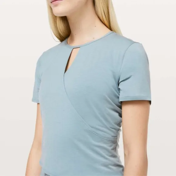 Lululemon Round Trip Short Sleeve Blouse Shirt Seafoam Blue Cast Faux Wrap Sz 2? - Image 2