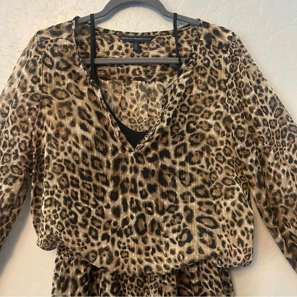 White House Black Market leopard animal print long sleeve blouson dress size 14 - Image 4