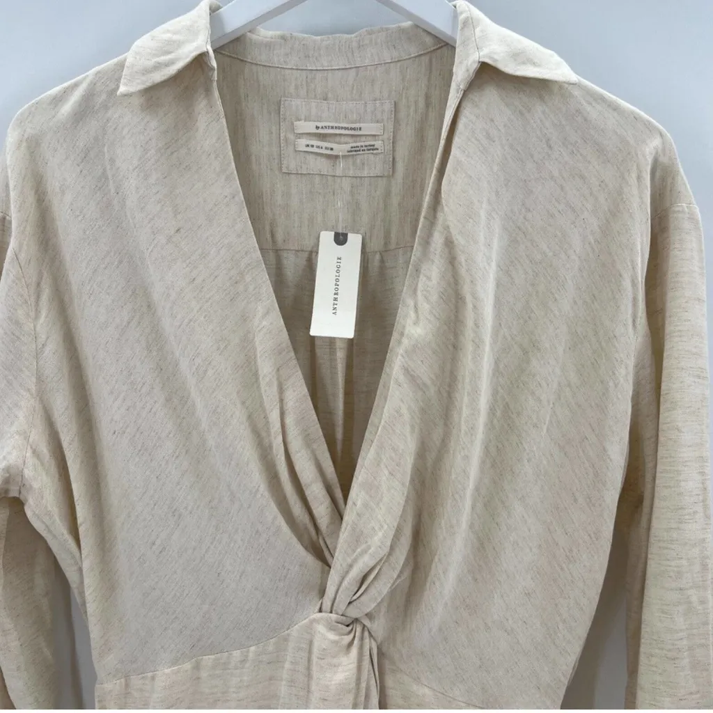 NWT Anthropologie V Neck Knot Front Long Sleeve Faux
Wrap Midi Dress Ivory Linen - Image 12
