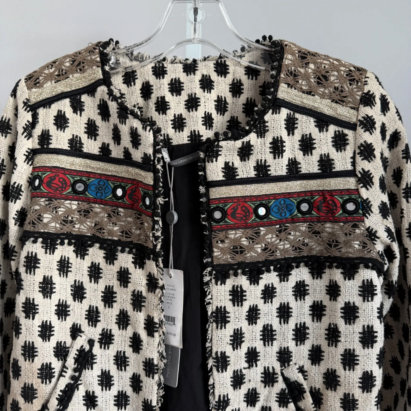 Twelfth Street by Cynthia Vincent Women's Ivory Black Boho Jacket sz 2 NWT‎ Tan - Image 2