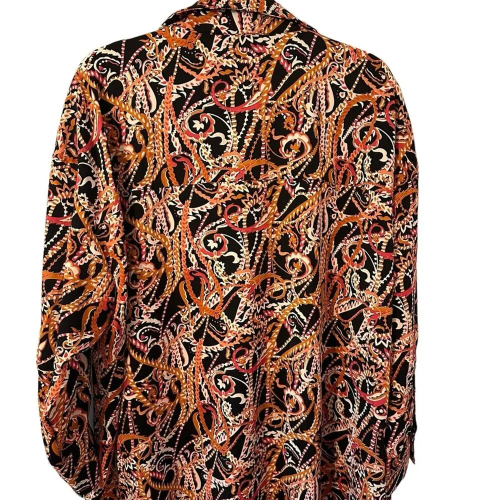 ENTRO Black Collared Printed Long Sleeve Top V Neck Button Detail‎ Pull Over - Image 2