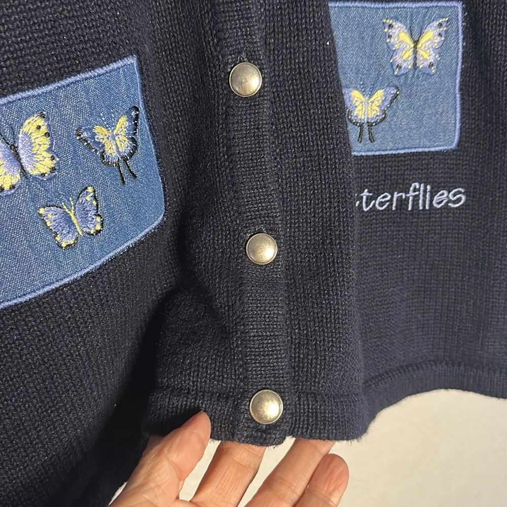 Vintage CJ Banks Butterfly Embroidered Cardigan Sweater Navy Blue Y2K Teacher - Image 4
