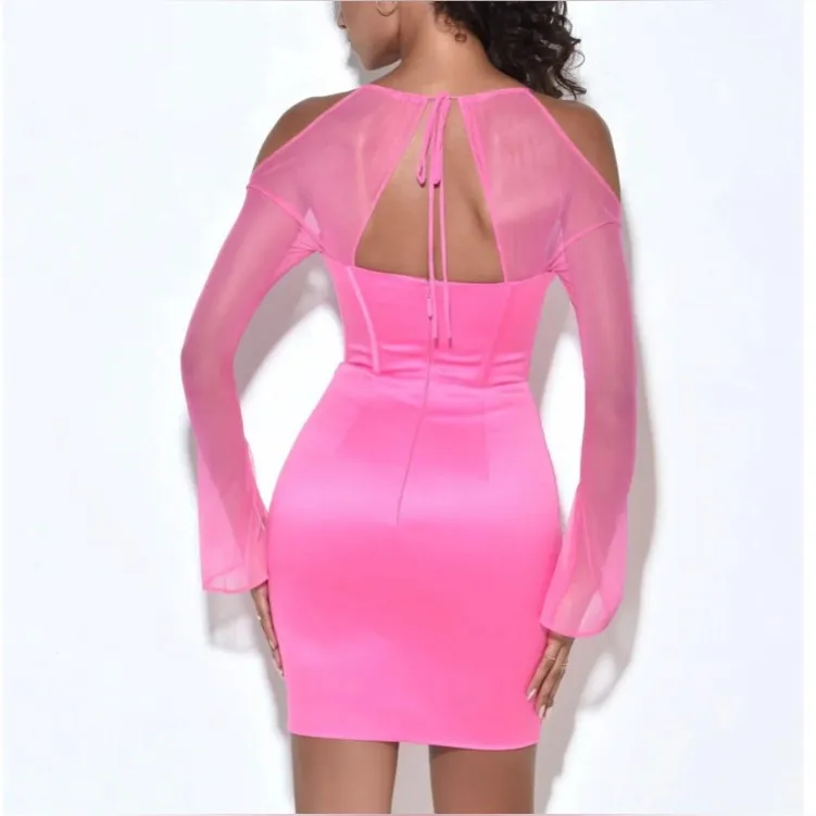 Miss‎ Circle Penina Hot Pink Corset Satin Mini Dress Mesh Sleeves NWT Sz XL - Image 3