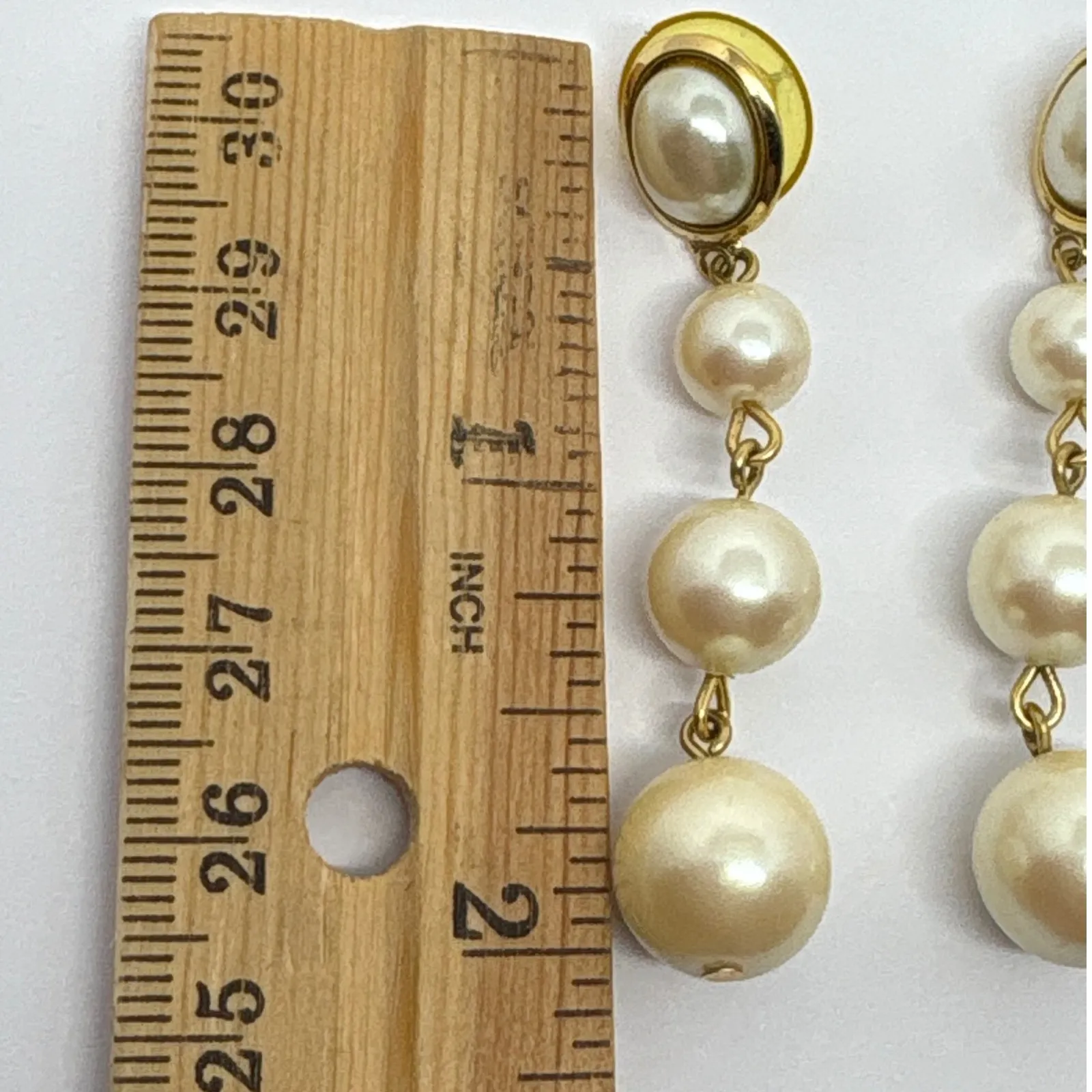 Dangle Drop Earrings Faux Pearl Gold Tone Elegant Statement Jewelry Pierced Ears - Image 2