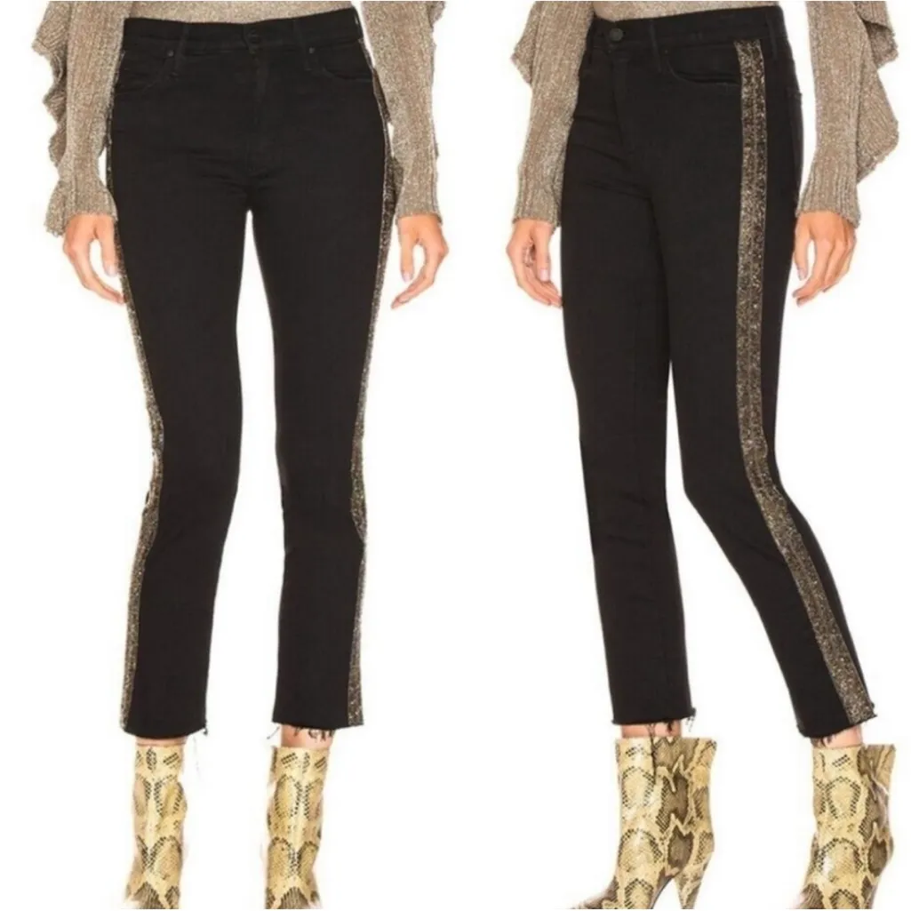 MOTHER Denim High Waisted Looker Ankle Fray Guilty Flash Black Embellished 28 - Image 15