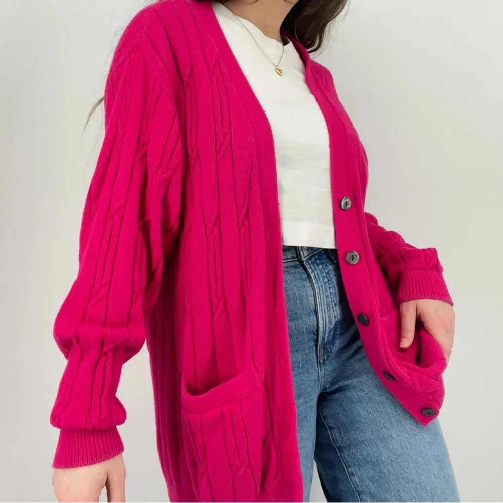 vintage coastal cowgirl hot pink slouchy cable knit cardigan sweater size L Size L - Image 8
