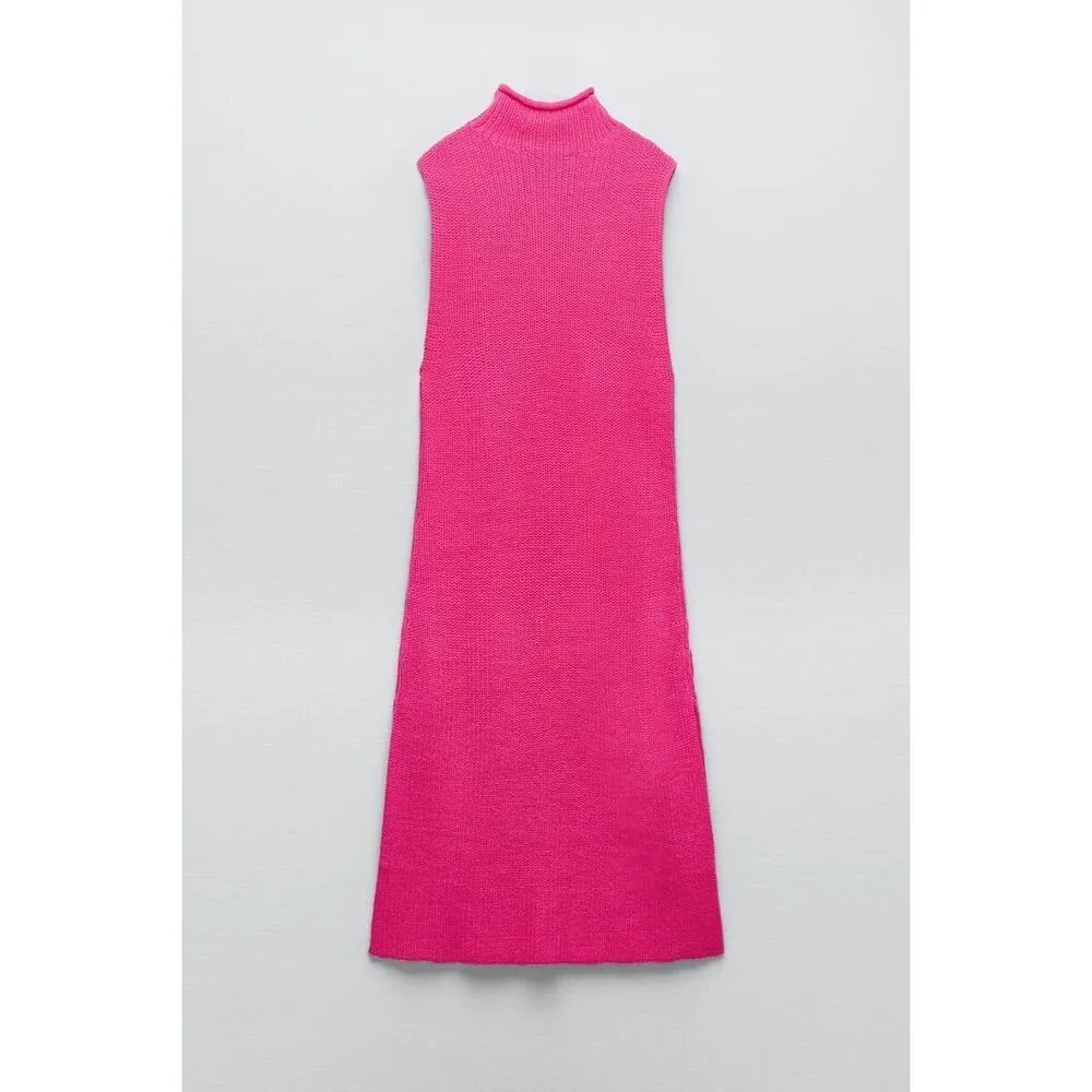 Zara Pink Sleeveless Turtleneck Waffle Chunky Knit Midi Bodycon Sweater Dress S - Image 11