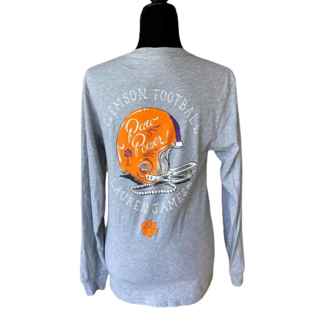 Lauren James Womens Tee XS Gray Clemson‎ Paw Power Long Sleeve Helmet Pearls - Image 3