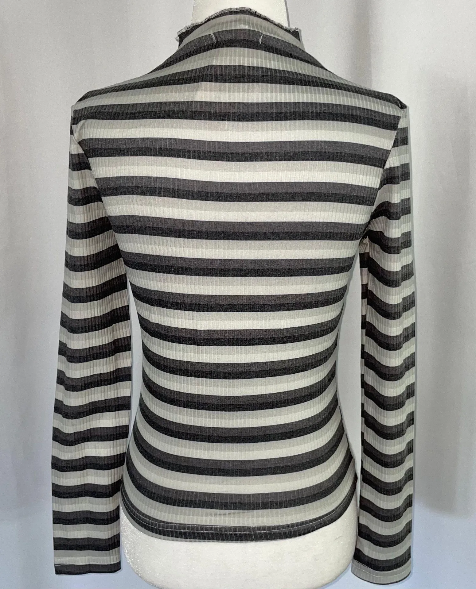 New  Striped Ribbed Mock Neck Long Sleeve Top Grey Multi - Image 9