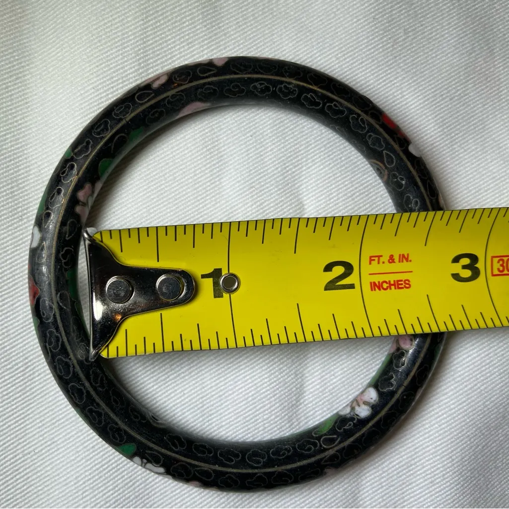 Vintage Black Cloisonne Enamel Bangle Bracelet‎ Gold outlines the flowers Pink - Image 6