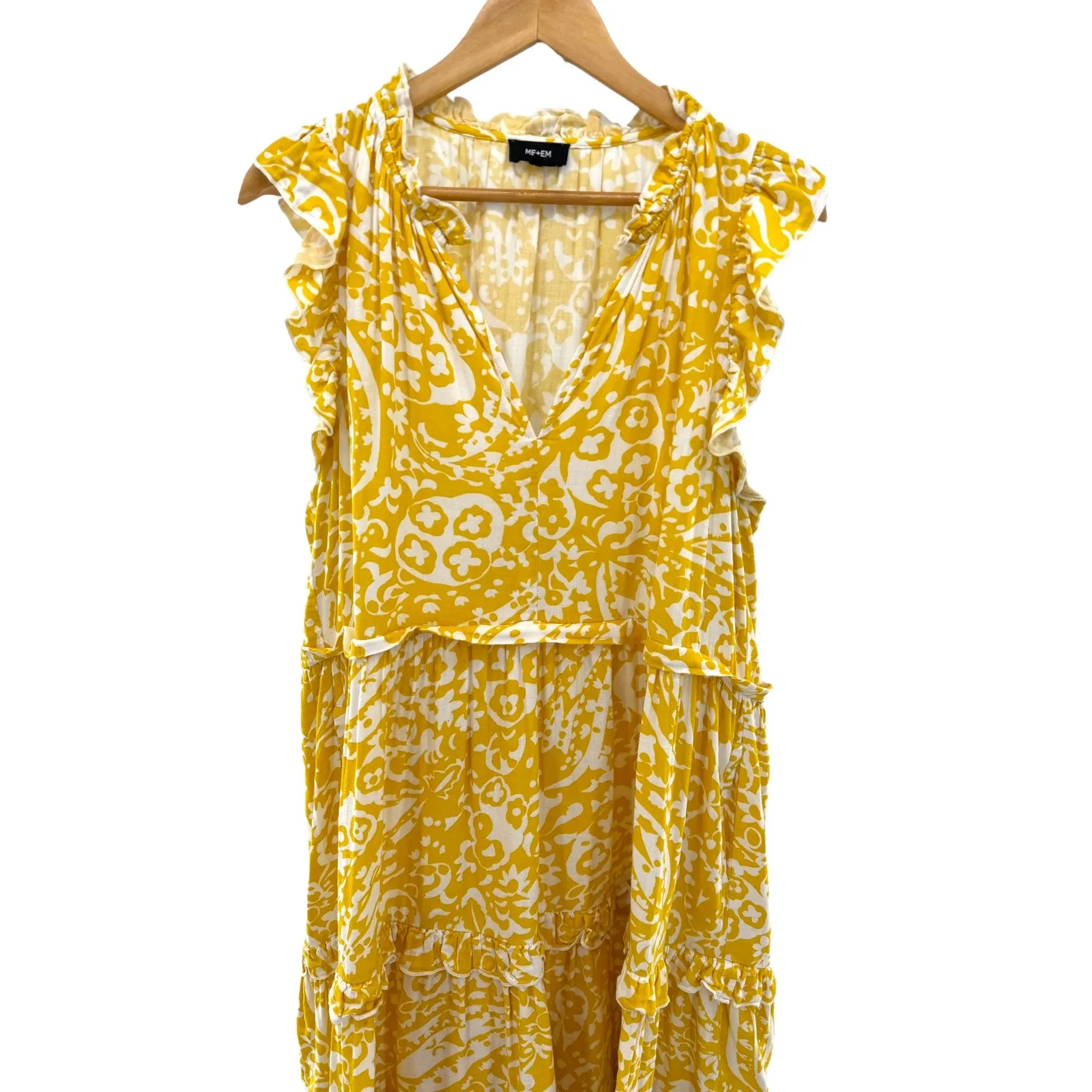 ME+EM Yellow White Floral‎ Ruffle Tiered Cotton Midi Dress Size 12 Boho Resort - Image 2