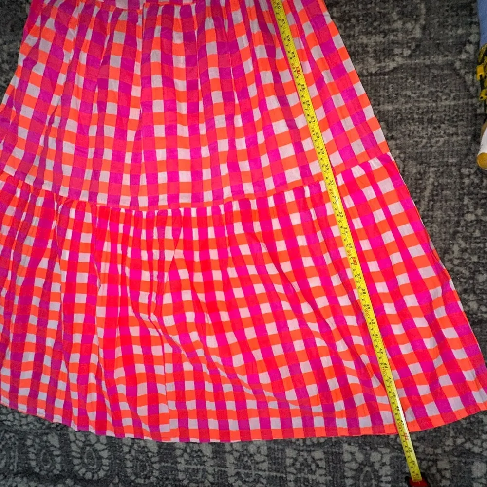 J.Crew x SZ Blockprints NWT Size S Vibrant Pink Orange Gingham Tiered Midi Dress - Image 9