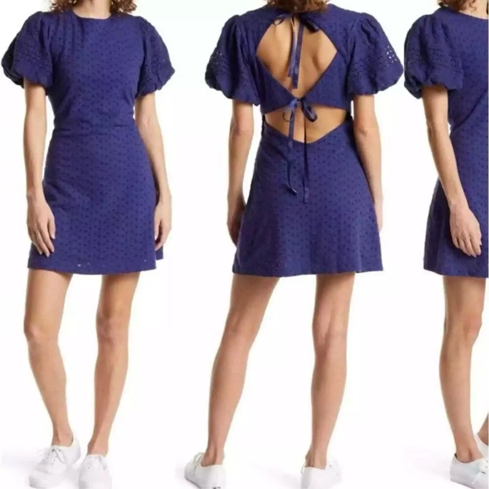 Free People Women's Apricot Rose Puff Sleeve Eyelet Dress Indigo Mini Dress sz L - Image 5