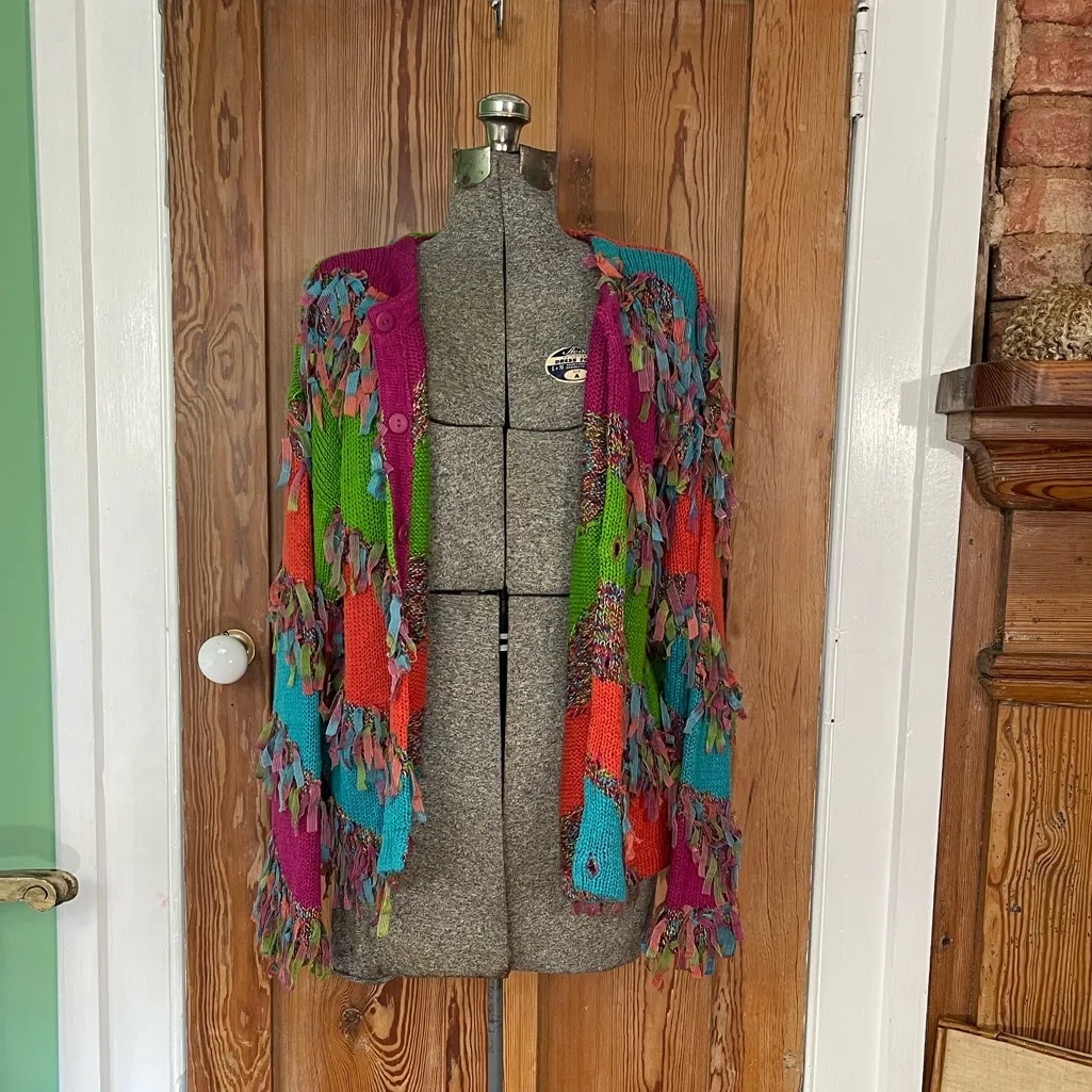 Vintage Design Options Philip & Jane Gordon Ribbon Fringe Art Knit Cardigan~M 🍄 Green Size M - Image 6