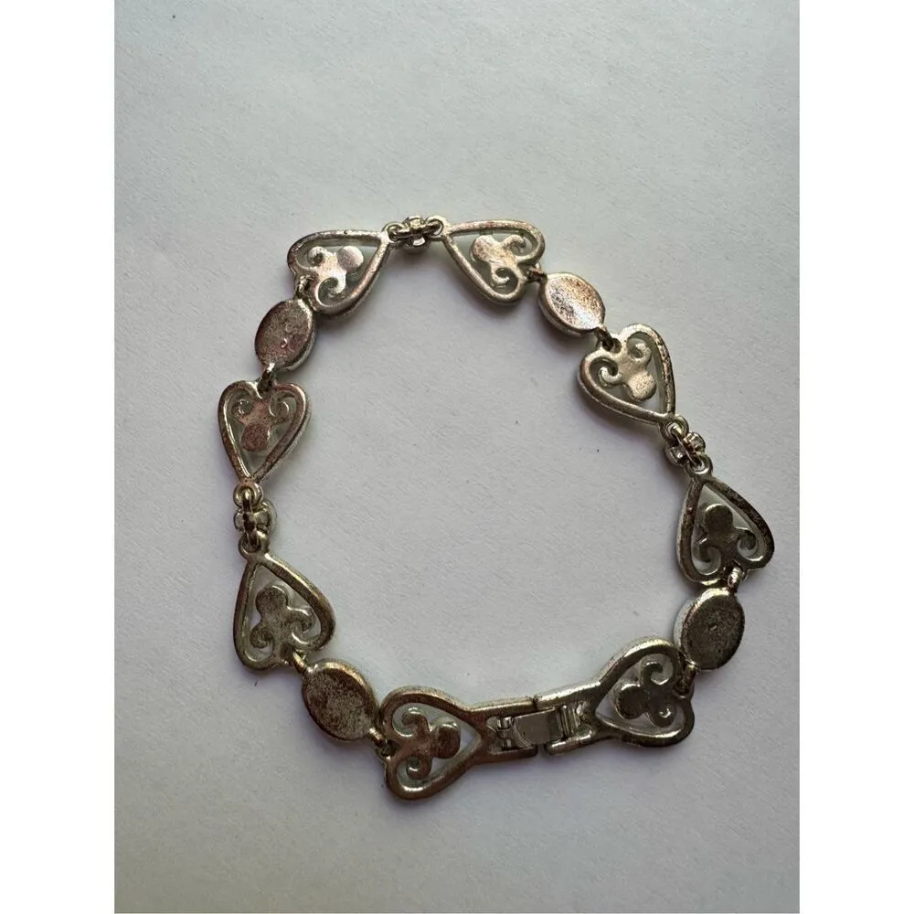 90s Vintage Womens Black Silver Tone Heart Shaped Clasp Charm Bracelet Romantic - Image 3