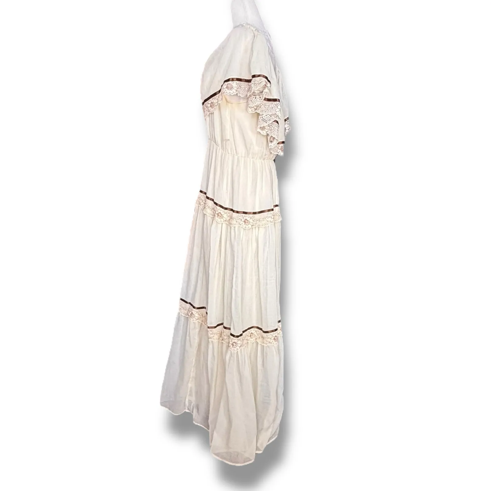 Vintage 70s Prairie Maxi Dress Brown Dark FloryLace Ribbon Trim Off Shoulder Size M - Image 5