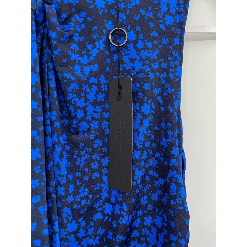 Black Halo Shaw Blue Black Floral Sleeveless Shirred Mock Neck Midi Dress Size 8 - Image 4
