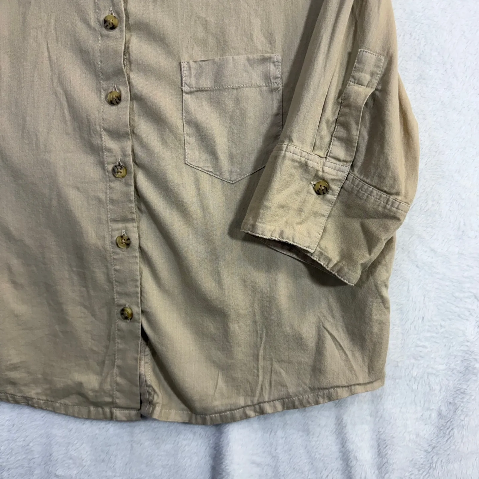 J. Crew 8 Herringbone Twill Button Up Top Beige Cotton Minimalist Office Coastal - Image 3