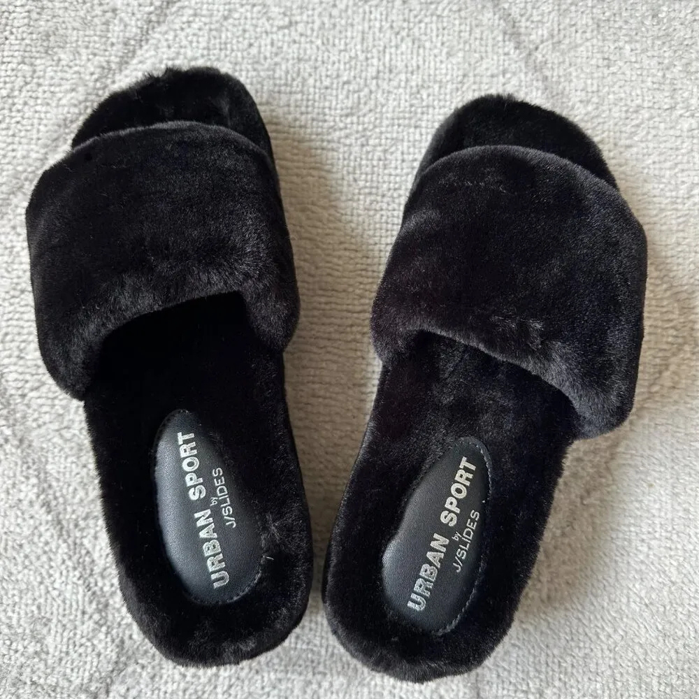 NIB J/SLIDES Urban Sport Black Faux Fur Platform Slides Sz 8 - Image 3