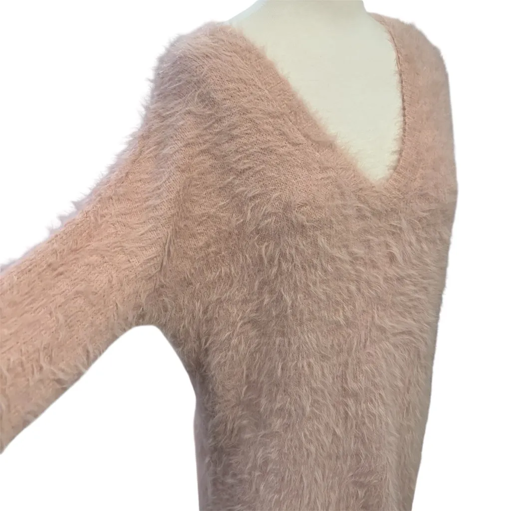 Pink Soft Fuzzy V-Neck Long V-Neck Oversized Open Back Sweater Size XS - Image 7