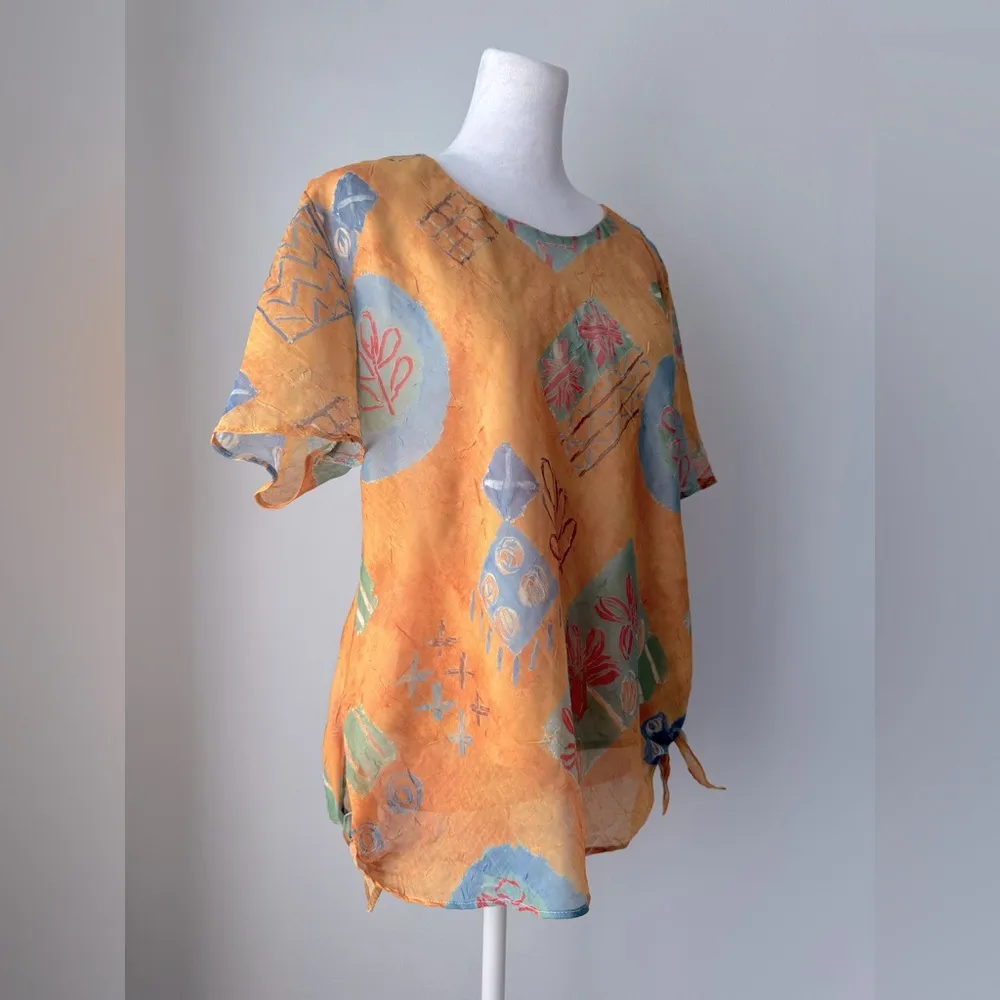 Vintage ‘90s 7 Sisters U.S.A. Southwest Print Side Tie Short Sleeve Blouse Orange Size XL - Image 3