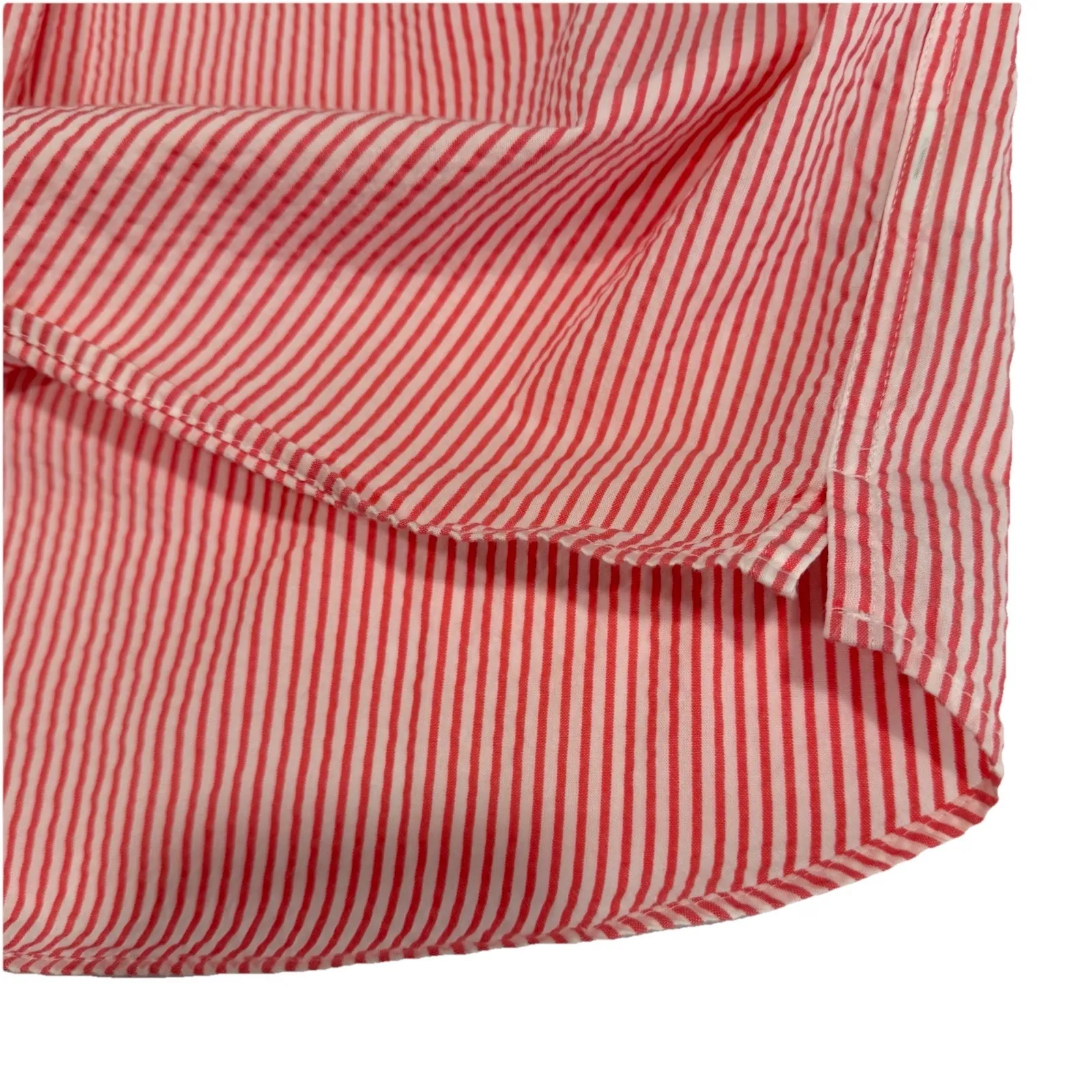 LL Bean Vacationland Seersucker Coral White Striped Popover Shirt Size LARGE - Image 6